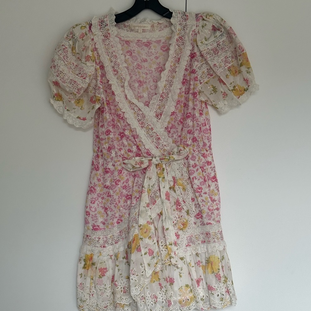 LoveShackFancy Pink and White Puff Sleeve Midi Sundress